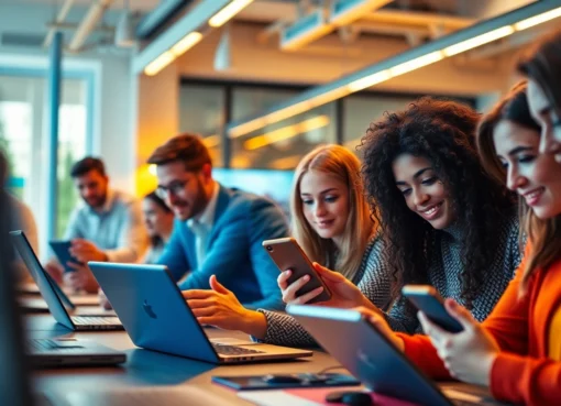 Showcasing individuals engaging with various technology tools in a collaborative workspace.