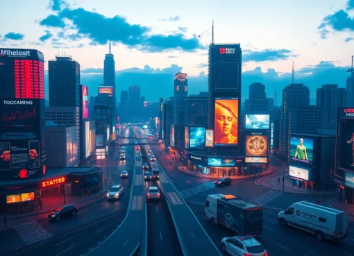 A vibrant urban landscape displaying technology through illuminated buildings and digital screens at dusk.