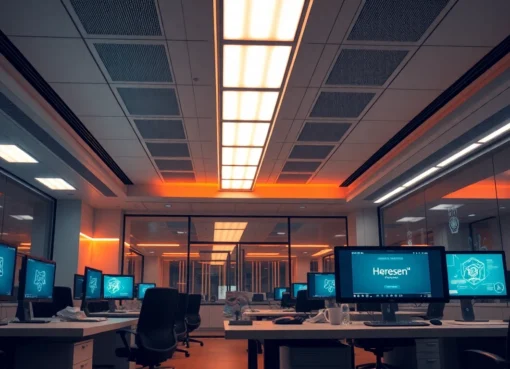 Showcasing technology in a modern office setting with advanced devices and innovative design elements.