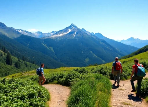 Guided hike through lush mountains with experienced guide leading scenic trail adventure.