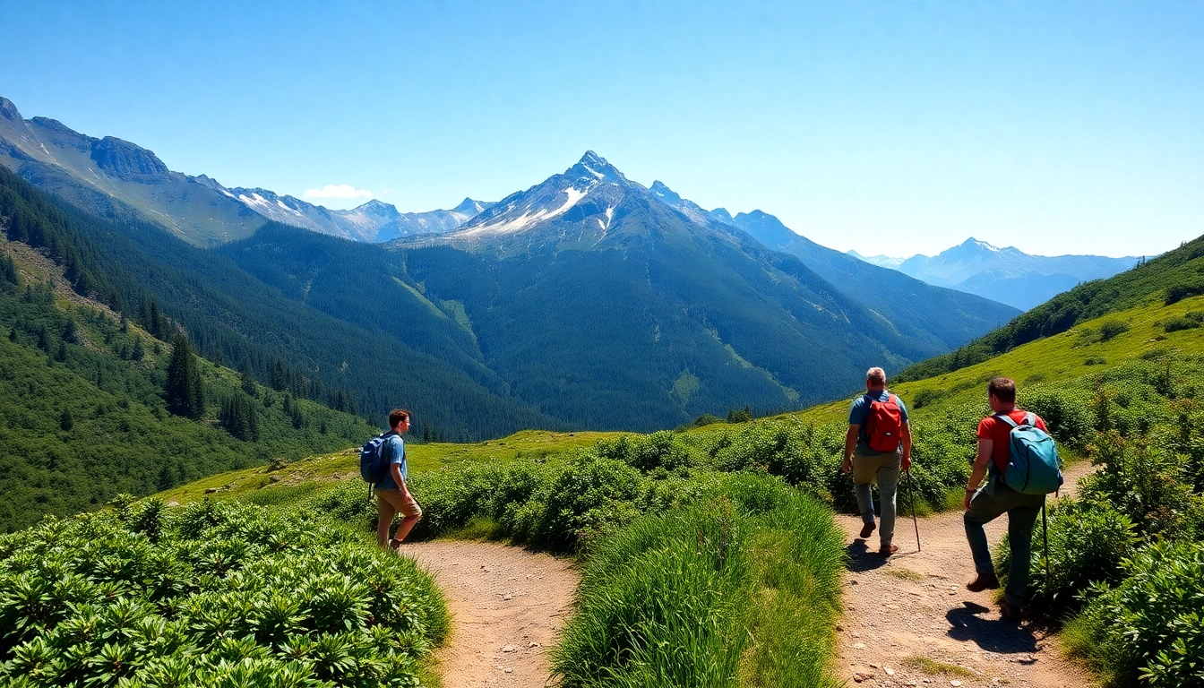 Guided hike through lush mountains with experienced guide leading scenic trail adventure.