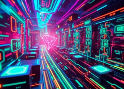 Visually engaging Tron energy network with dynamic energy flows around blockchain nodes, illustrating secure digital transactions and stability.