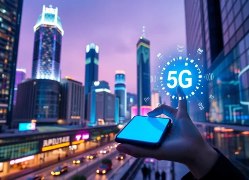 香港繁忙夜景，前景為手持手機的專業人士顯示5G信號，背景為閃爍霓虹燈的摩天大樓，展現科技與都市活力。