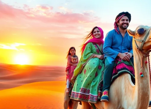 Family holiday in Morocco featuring children riding camels across golden dunes with scenic desert sunset backdrop.