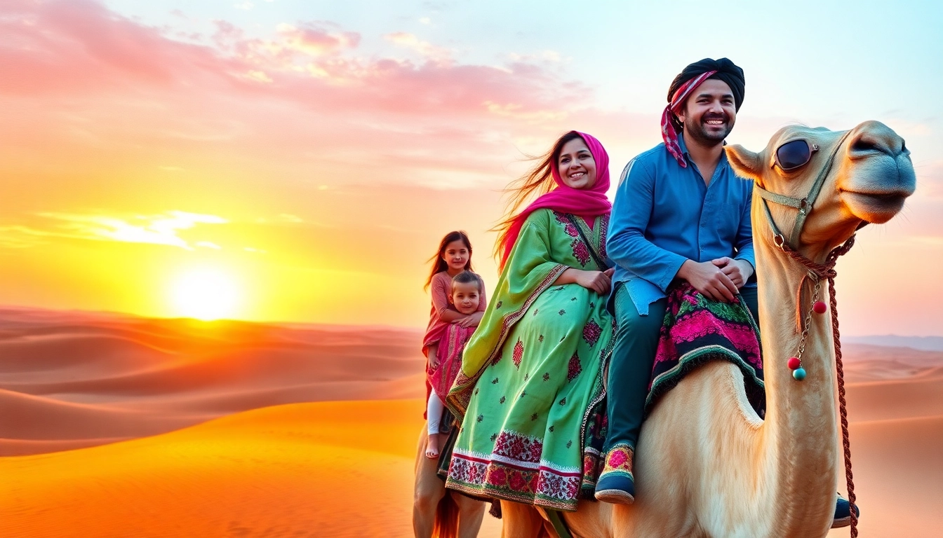 Family holiday in Morocco featuring children riding camels across golden dunes with scenic desert sunset backdrop.