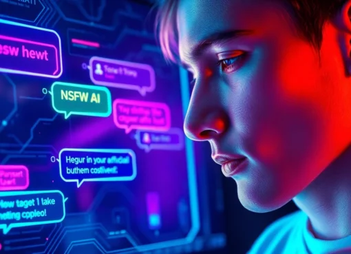 Futuristic digital art of a user engaging with an AI chat platform with neon accents and digital textures.