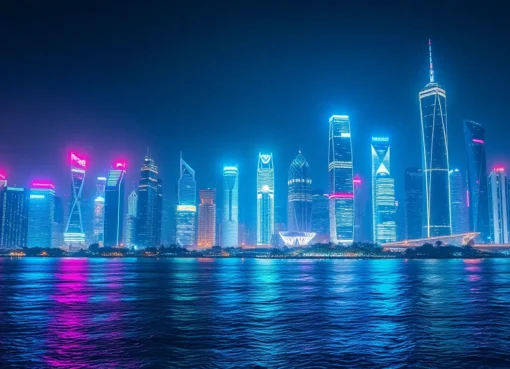 Engaging technology-driven cityscape highlighting innovative structures and neon lights.