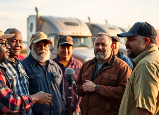 Truckers' voice is captured through a microphone in a busy truck stop signifying driver communication and community.