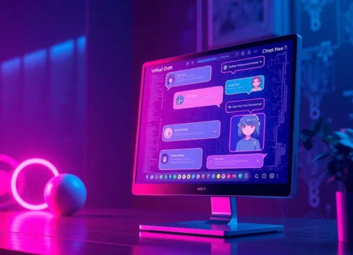 Futuristic digital chat interface with vibrant neon colors and animated characters