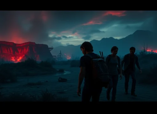 Stream одни из нас 2 сезон онлайн: gripping scene from The Last of Us series with survivors in a ruined cityscape.