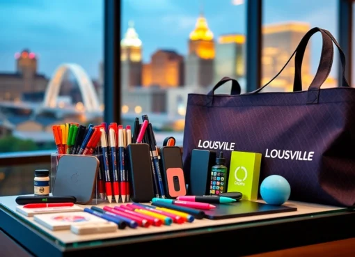 Showcase of high-quality promotional products in Louisville, featuring branded pens, bags, and tech gear for branding success.