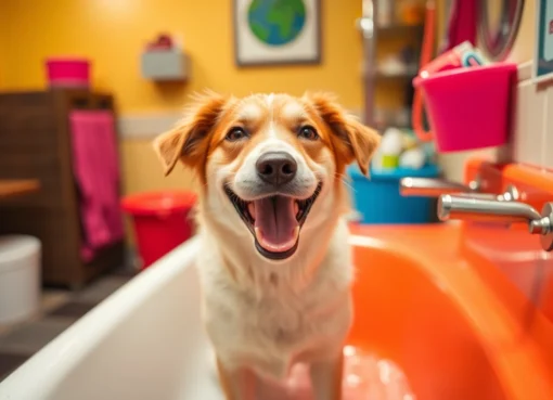Dog wash near me: Happy dog getting a thorough bath at a self-service washing station.