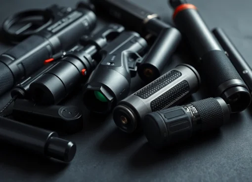 Self-defense weapons including pepper spray, stun guns, and batons displayed for personal safety and security, emphasizing ease of use and preparedness.