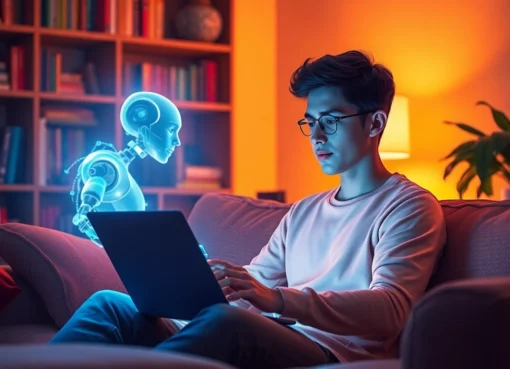 An intimate chat scene between a user and an AI chatbot in a cozy room.