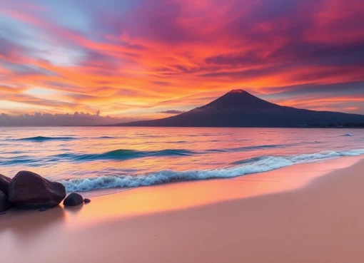 Lombok’s stunning beaches with Mount Rinjani in the background, showcasing scenic natural beauty.