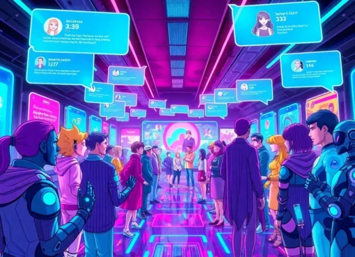 A colorful digital scene of avatars and AI characters interacting in a virtual social media space with holographic screens and vibrant colors.