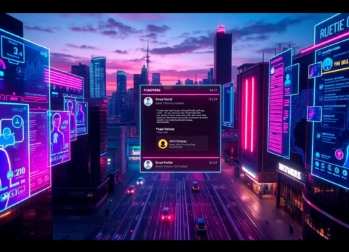 Futuristic digital social media scene with holographic profiles and vibrant neon colors