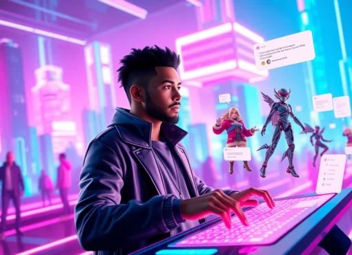 An animated virtual social media scene with avatars and holographic AI characters in a neon-lit digital cityscape.