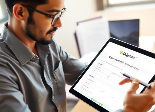 An entrepreneur smoothly completing Udyam Registration online with official documents, representing simple MSME registration online process.