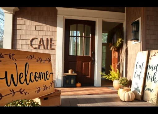 Beautiful wooden welcome signs hanging on a porch with vibrant seasonal decorations, inviting guests with rustic charm.