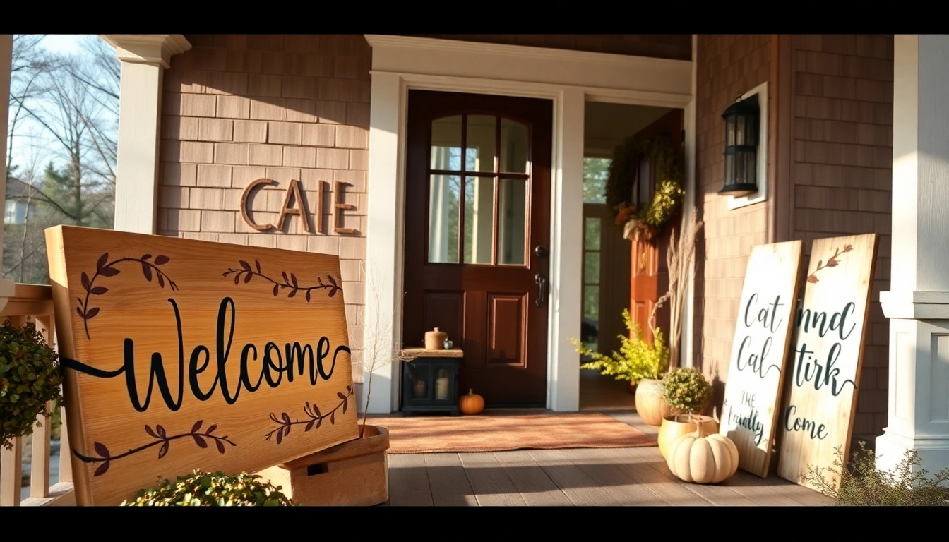 Beautiful wooden welcome signs hanging on a porch with vibrant seasonal decorations, inviting guests with rustic charm.