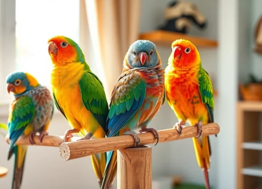 Colorful pet birds engaging in social activity, showcasing their vibrant plumage and playful demeanor, ideal for bird lovers and owners.