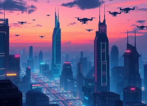 Showcase of technology with a cyberpunk cityscape featuring illuminated skyscrapers and drones.