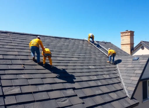 Experienced roofers working together to repair a tiled roof on a sunny day, showcasing skills and safety measures in roofing services.