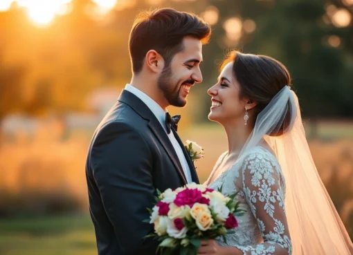 Professional photographe pour mariage capturing a joyful couple during sunset, natural lighting enhances emotional connection, candid moment.