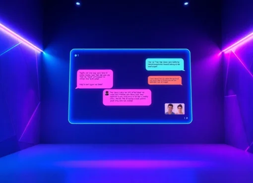Futuristic AI chatbot interface with dynamic visuals and vibrant neon lighting in a modern setting