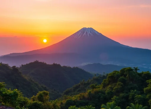 Beautiful sunrise over Mount Rinjani with lush greenery and terraced fields in Lombok, Indonesia.
