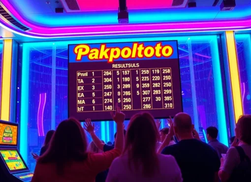 People celebrating after winning with Pakpoltoto lottery results on a digital screen in a lively, colorful setting