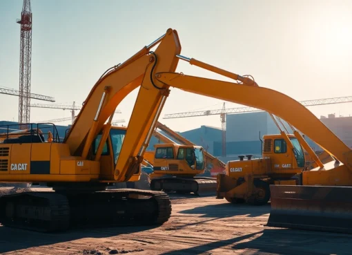 Construction equipment rental: Heavy machinery working on site with excavators and forklifts, illustrating rental services in the UK.