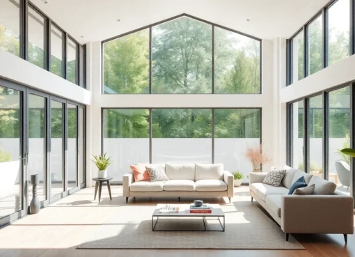 High-quality okna bydgoszcz installed in a modern living room, emphasizing bright, spacious interiors and sleek design for energy efficiency.
