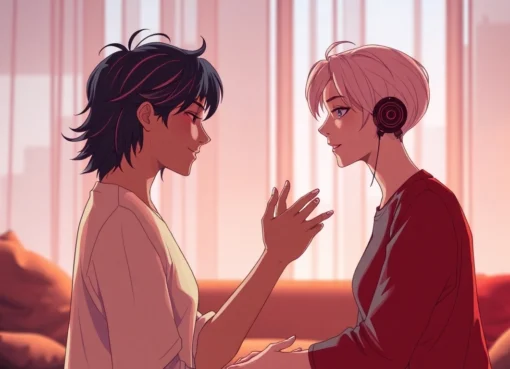 Two AI characters in a sensual, intimate scene with warm lighting and detailed textures.