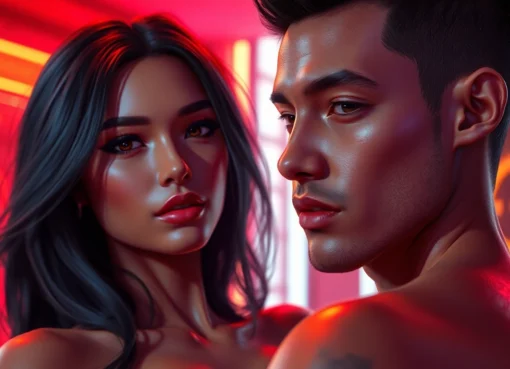 Realistic AI character in a sensual scene with warm lighting and detailed textures.