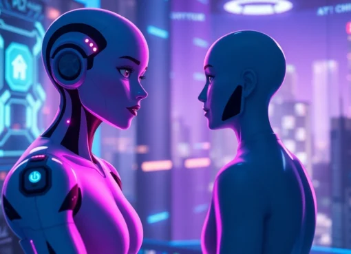 Futuristic digital scene showcasing an AI character interaction in a virtual environment with holographic elements and glowing accents.