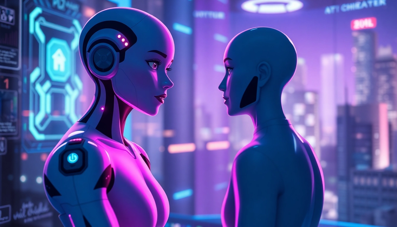 Futuristic digital scene showcasing an AI character interaction in a virtual environment with holographic elements and glowing accents.