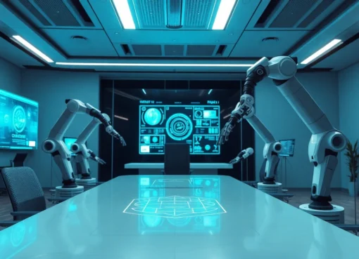 AI Automation in action within a high-tech workspace, showcasing robotic and digital systems streamlining business processes.