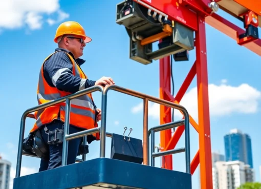 Reliable boom lift rental service showcasing a worker using a boom lift to access high building areas safely.