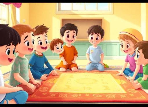 Kinderen leren islamitisch gebed met interactief gebedskleed in een kleurrijke, vriendelijke omgeving