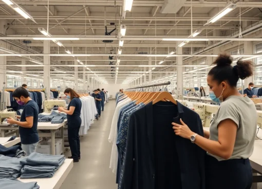Clothing Manufacturers in Pakistan showcasing modern apparel factories with skilled workers and organized production lines for high-quality clothing.