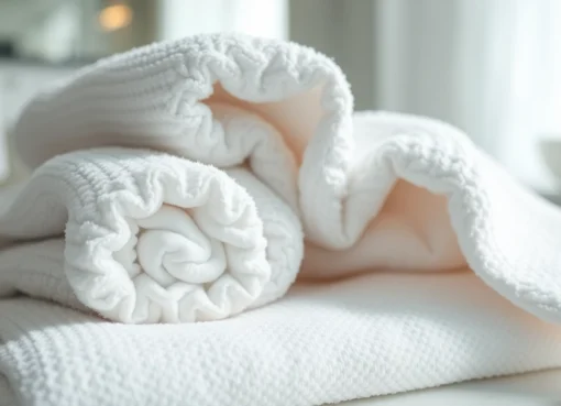 High-quality cotton towels in a modern bathroom, showcasing their softness and absorbency for a luxurious experience.