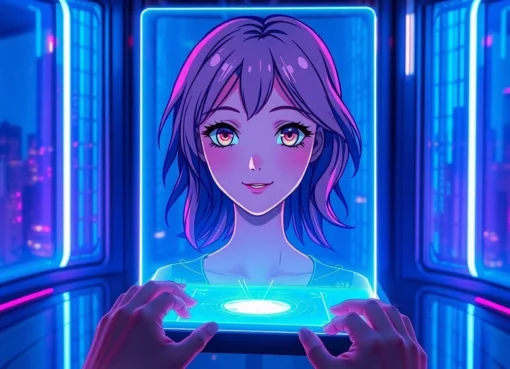 Futuristic digital scene of a holographic AI girlfriend interface with anime-inspired avatar in a cyberpunk environment.
