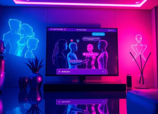 Futuristic digital illustration of a high-tech AI chat interface with customizable AI characters in a cyberpunk-themed room.