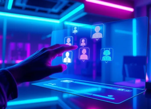 Futuristic holographic chat interface with colorful AI characters in a cyberpunk-inspired workspace.