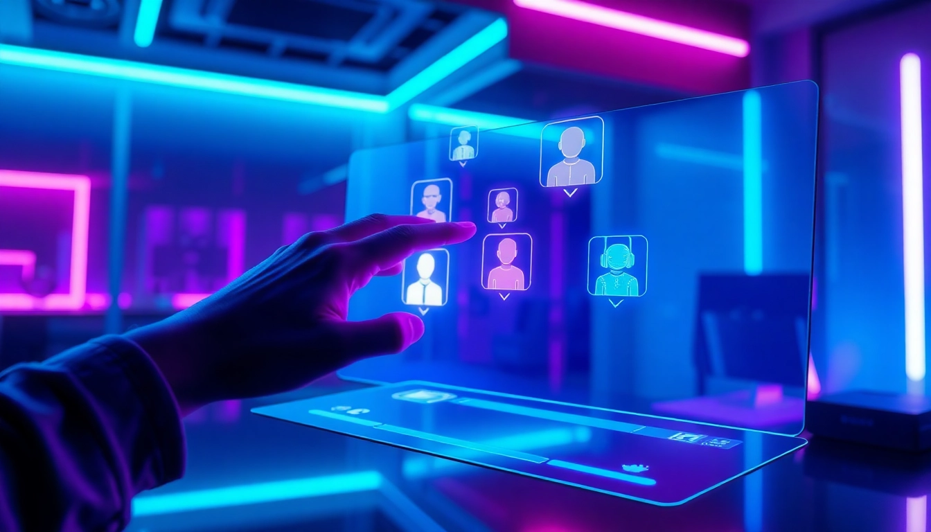 Futuristic holographic chat interface with colorful AI characters in a cyberpunk-inspired workspace.
