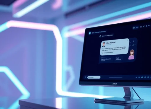 An illustration of a modern chatbot interface with neon accents, showcasing advanced AI technology in a futuristic setting.