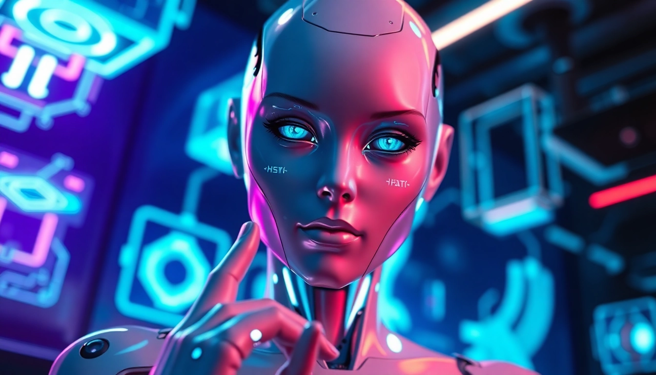 Futuristic AI character with glowing features in a virtual environment