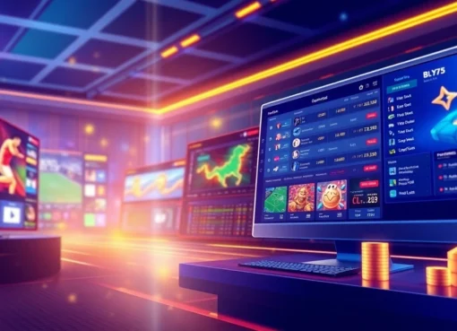 Illustration of a modern online sportsbook and casino platform with colorful betting screens and dynamic lighting.